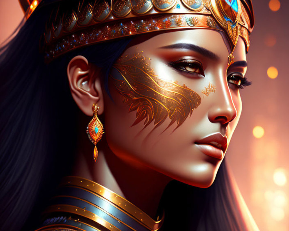Digital illustration of woman with golden jewelry and ornate headdress against warm glowing backdrop
