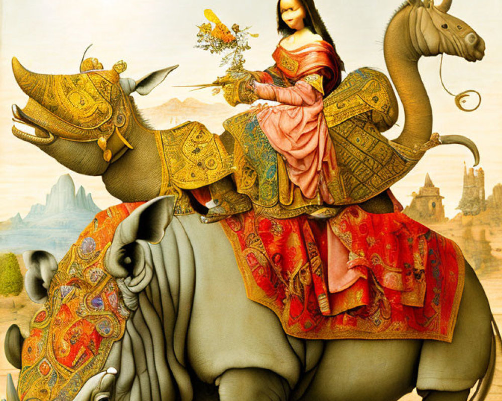 Surreal image: Mona Lisa on adorned rhinoceros in classical landscape