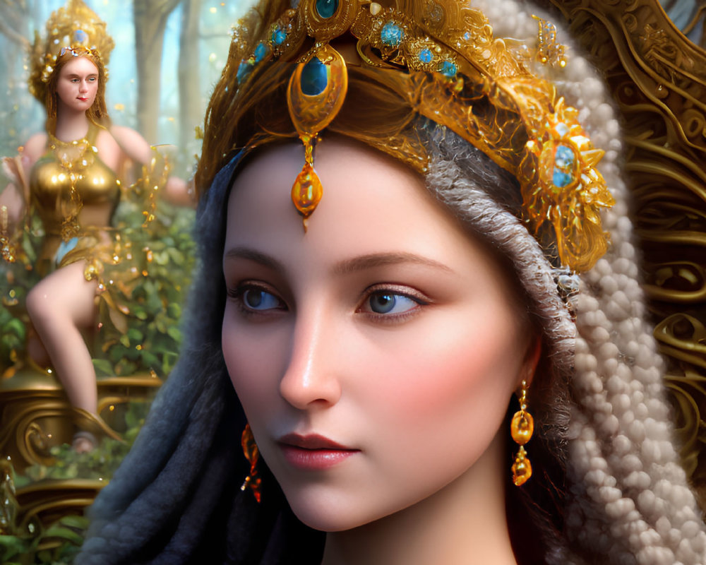 Regal woman with jeweled crown in mystical setting