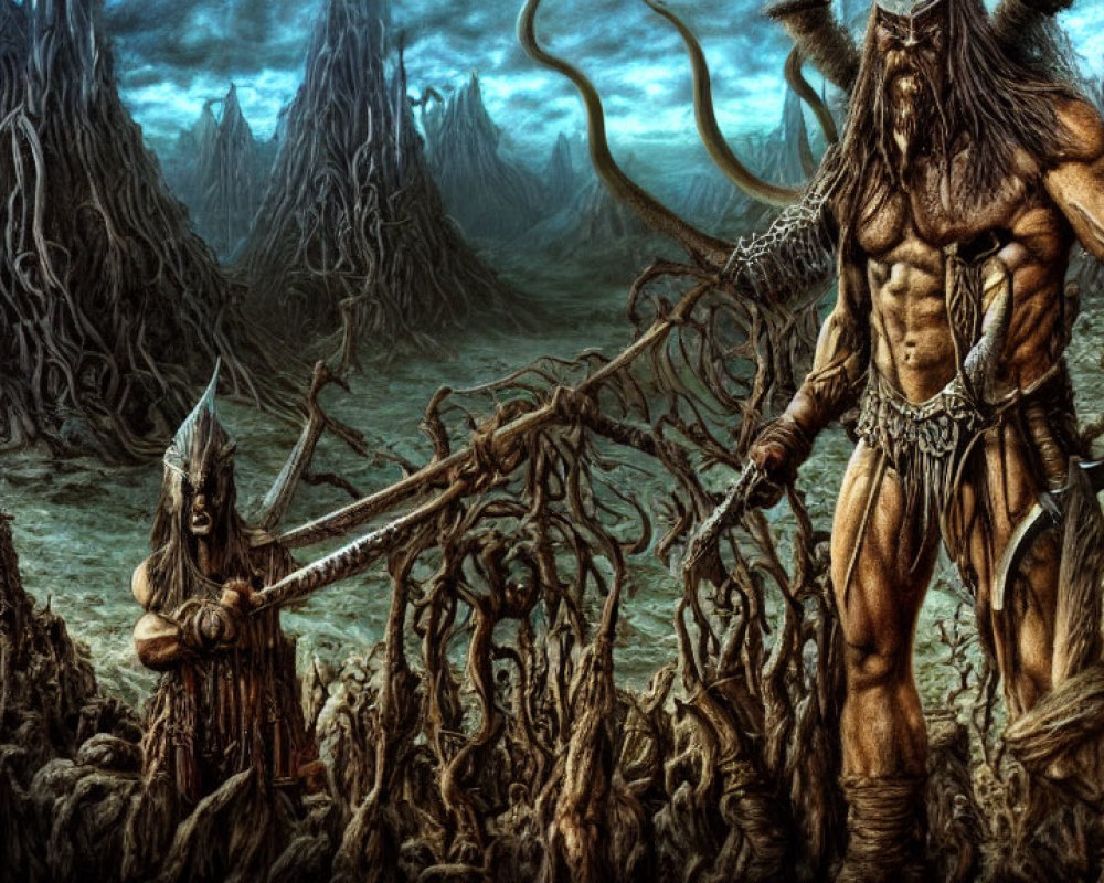Muscular fantasy figure with staff in dark, twisted forest - creature with tentacles.