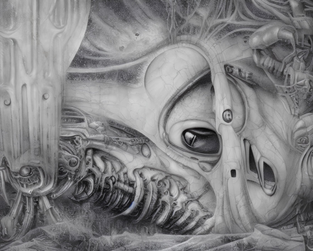 Surreal monochrome artwork: intricate mechanized figure with organic and mechanical elements.
