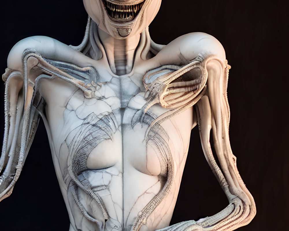 Detailed humanoid alien figure with large eyes and intricate textures on dark background