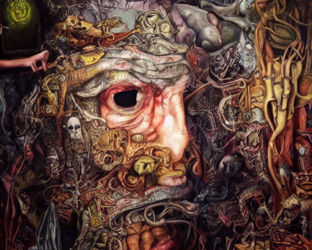Intricate surreal painting featuring large central eye and eerie elements