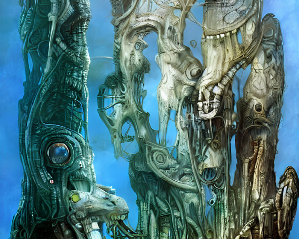 Surreal biomechanical landscape with towering creatures and structures