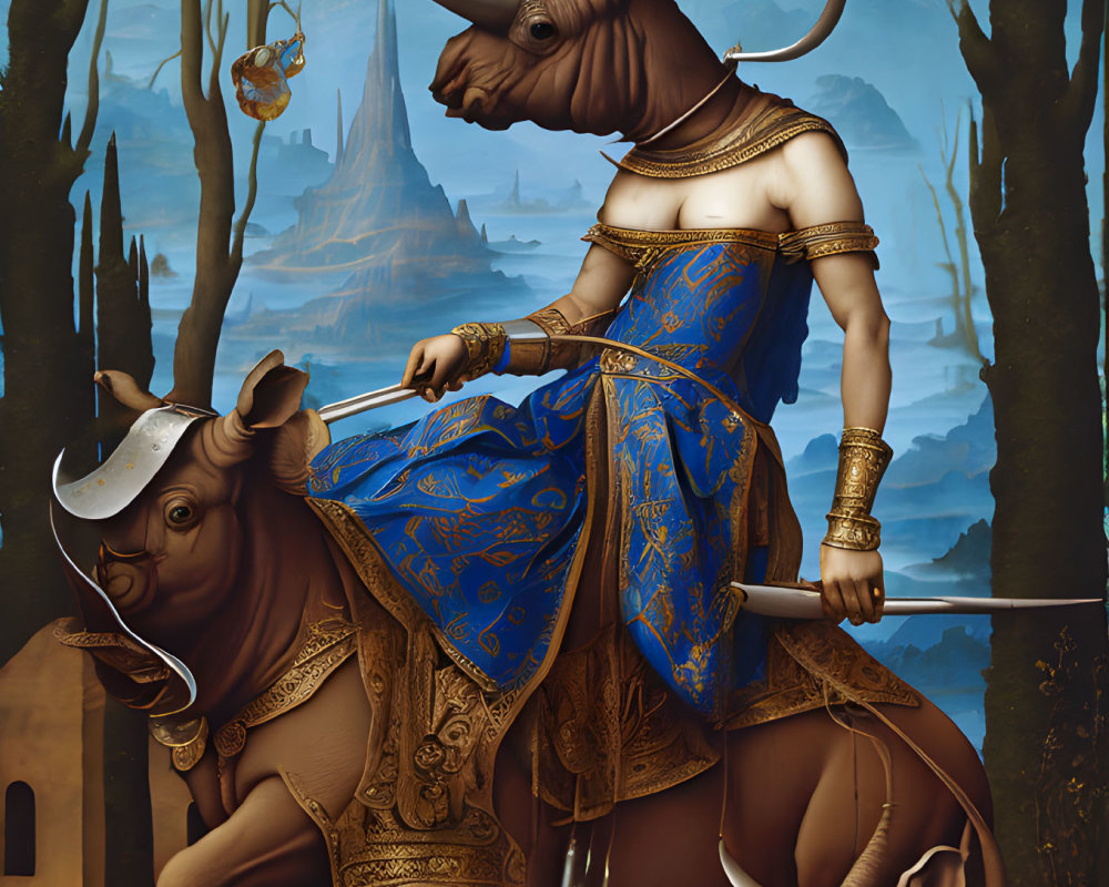 Person with Rhinoceros Head Riding Another Rhinoceros in Mystical Forest