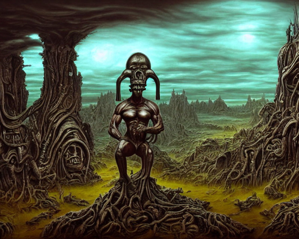 Surreal dark landscape with humanoid figure and twisted organic structures