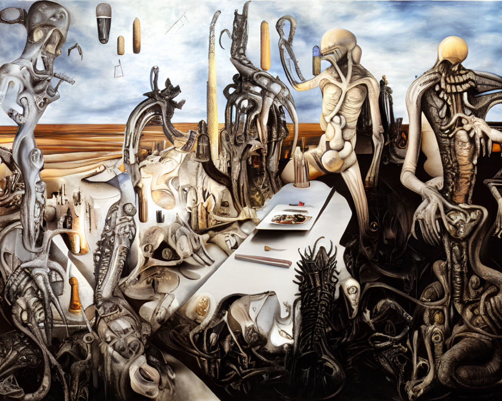 Surreal painting of skeletal figures in a room with disjointed body parts