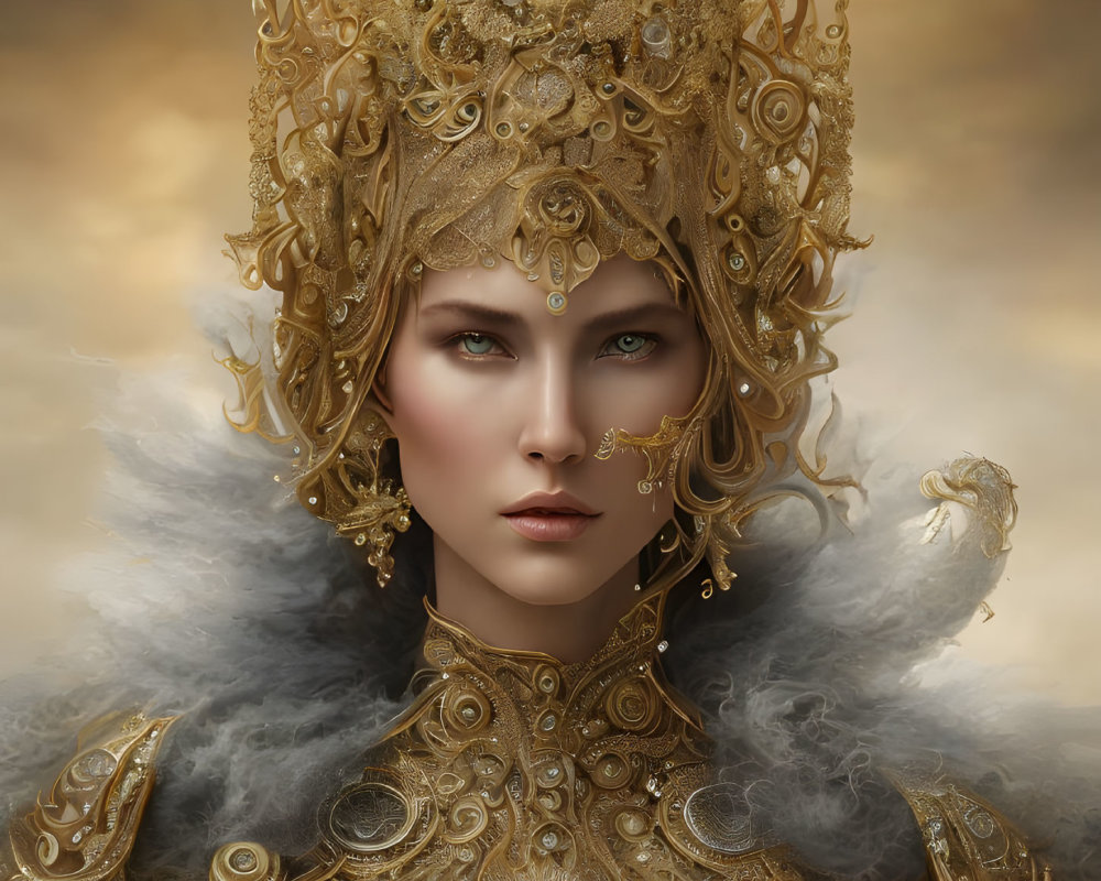 Regal Woman with Golden Headgear and Ornate Armor