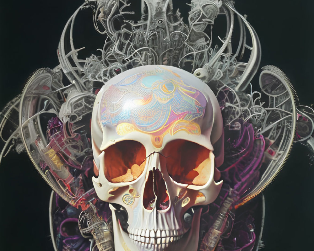 Abstract composition of decorated skull with mechanical and organic elements