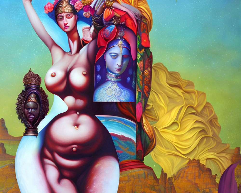 Surreal painting of woman with multiple arms and symbolic items in mythological setting