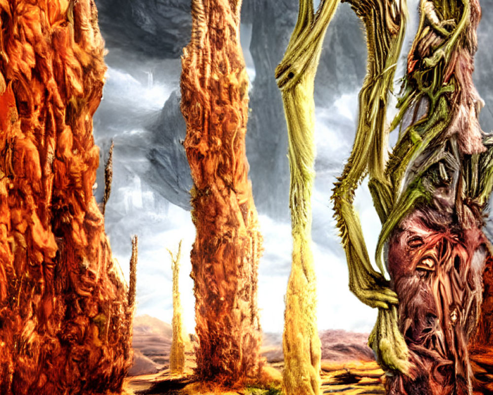 Skeletal alien creature in fantastical rock formations