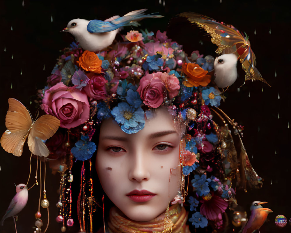 Woman with floral headdress and animals on dark background