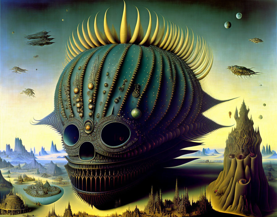 Surrealistic Painting: Giant Shell Creature with Skull Features Floating over Landscape