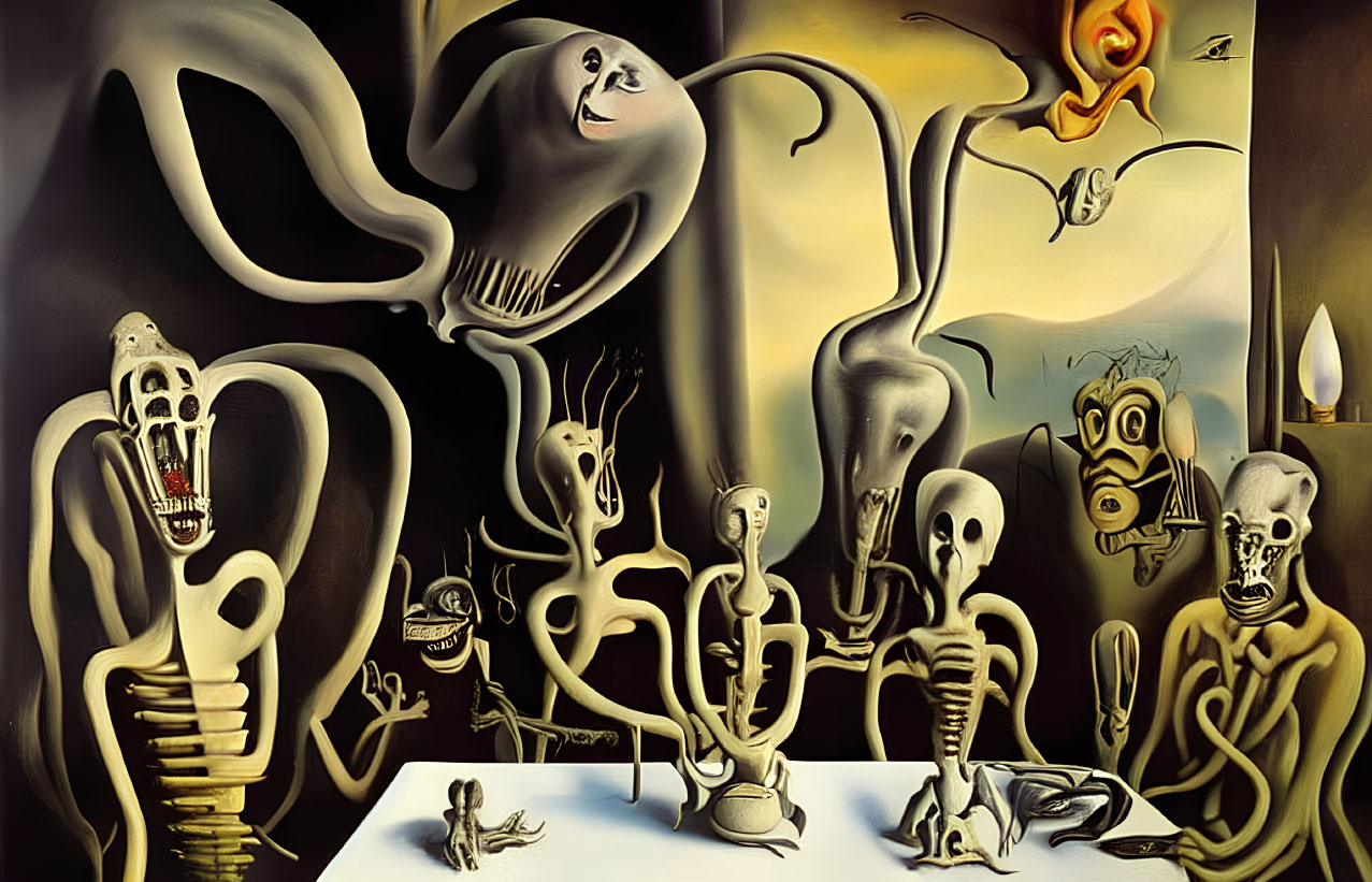 Distorted Figures and Skeletons in Surreal Painting