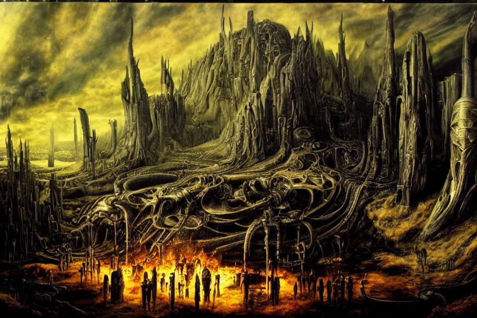 Dystopian landscape with towering spires and figures around a fire