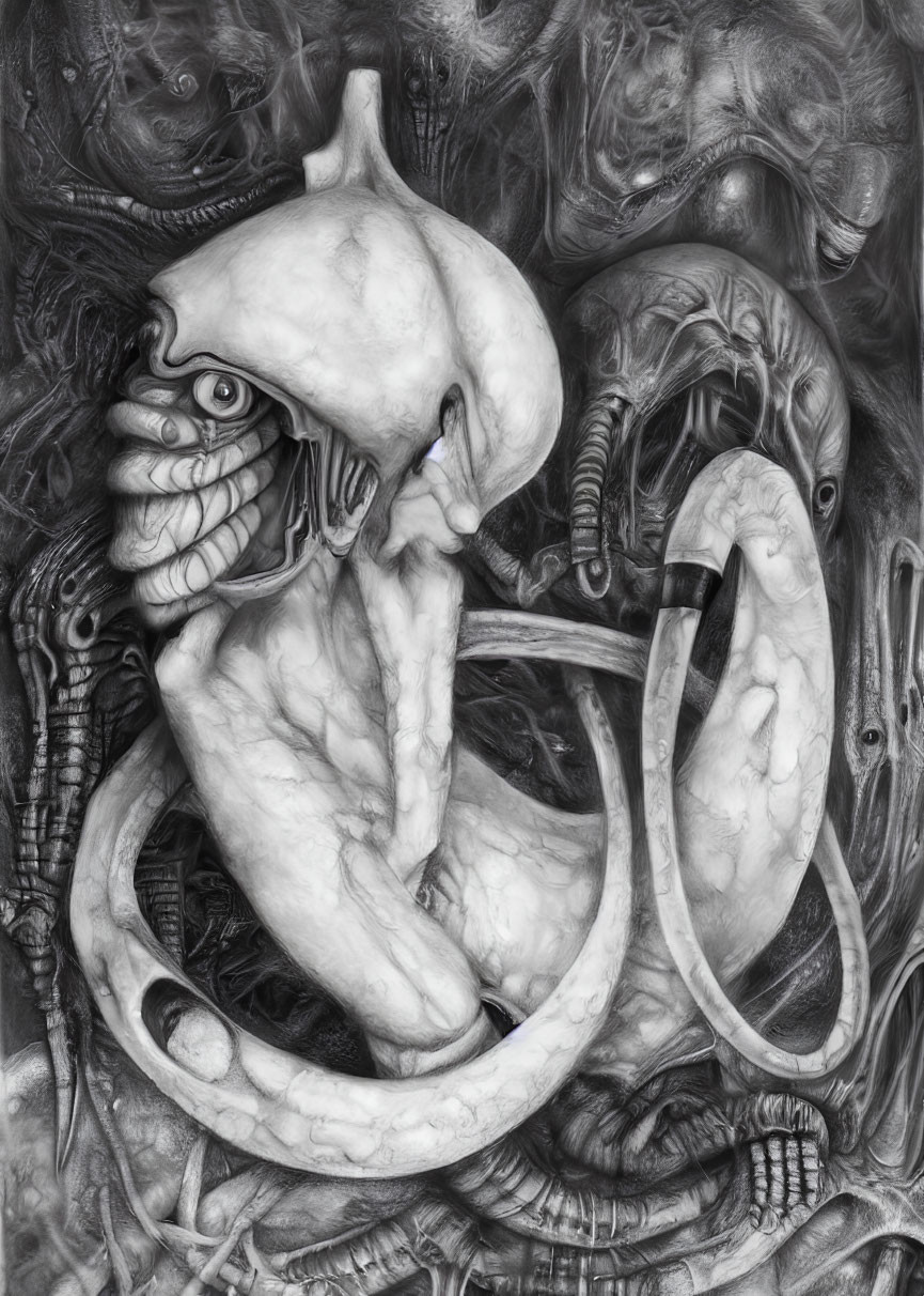 Detailed monochromatic surreal illustration: organic tentacle-like forms and alien creatures intertwined