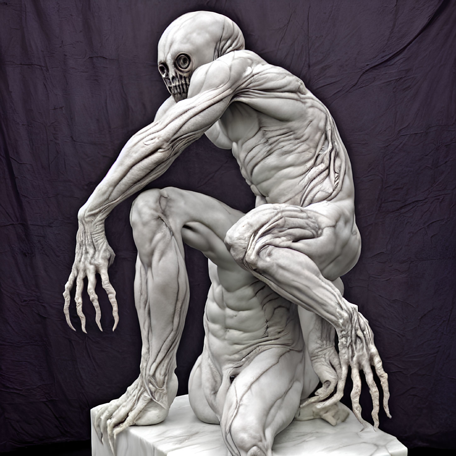 Elongated skull humanoid sculpture in crouched pose on purple background