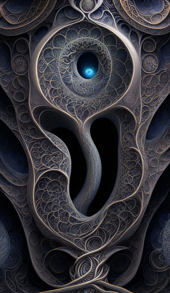 Intricate Fractal Image with Swirling Designs and Central Eye-Like Structure
