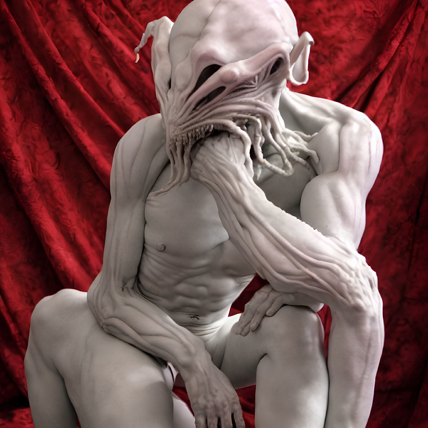 Pale-skinned muscular creature with elongated head and tentacle-like mouth appendages against red backdrop