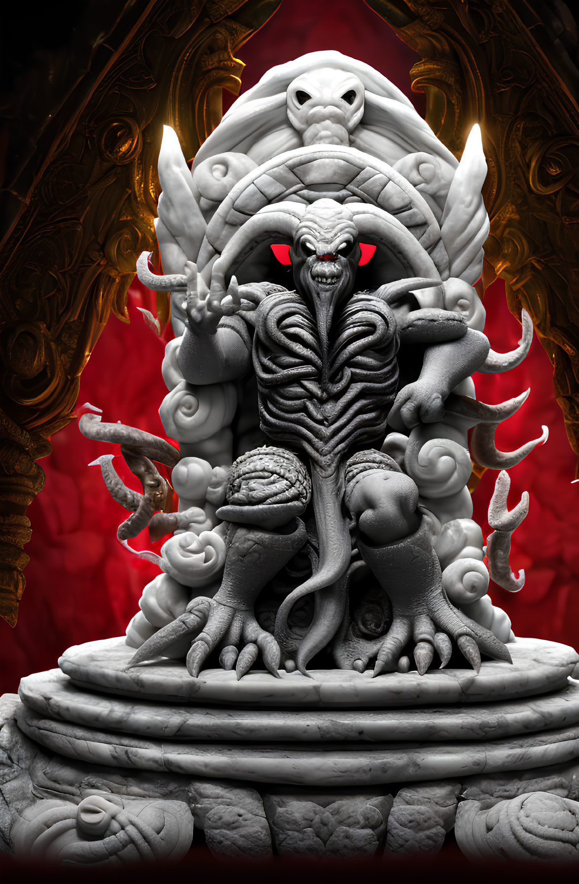 Monochrome statue of creature with tentacles, fangs, and serpent motifs, surrounded by candles on