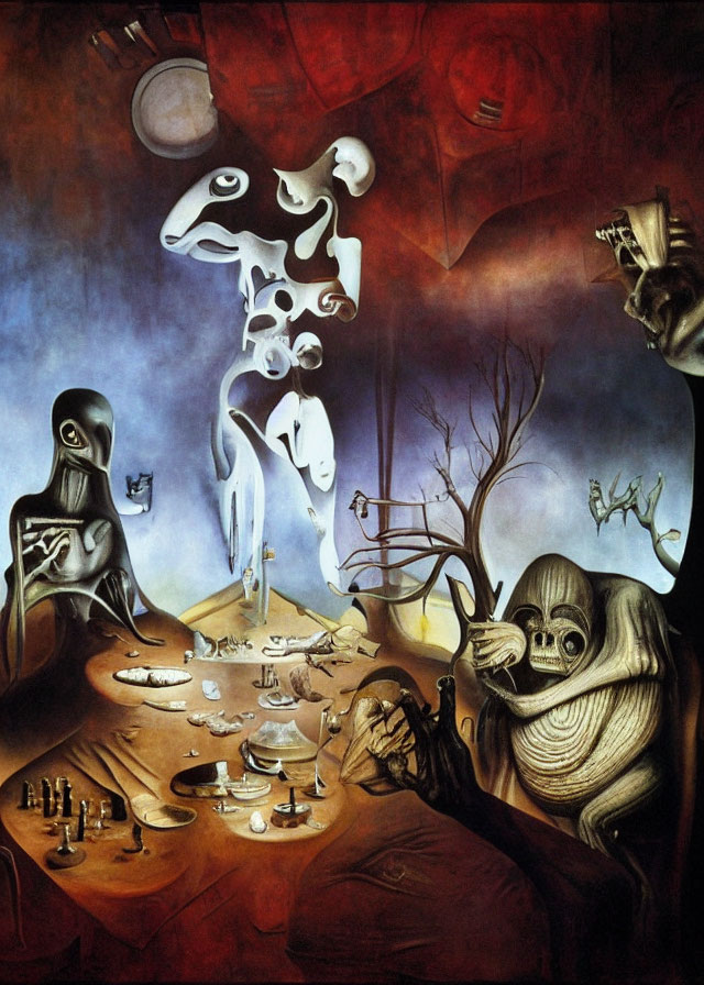 Abstract Surrealistic Painting: Disfigured Tree, Warped Clock, and Table Set in Dream