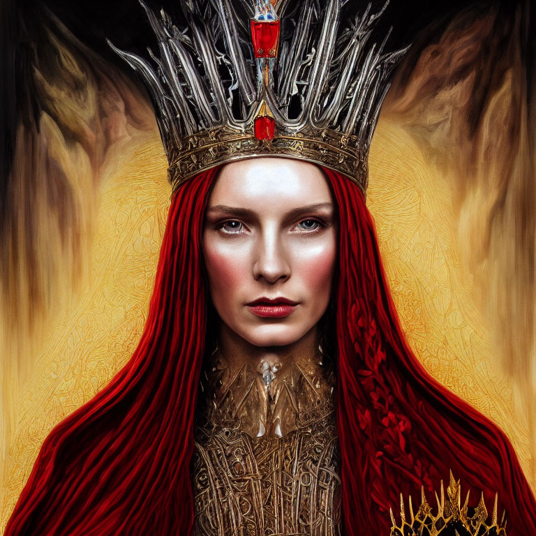 Regal figure with long red hair and golden crown with red gemstone