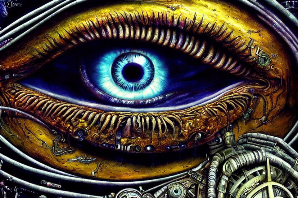Hyper-realistic painting: Large blue eye with intricate mechanical parts and tubes