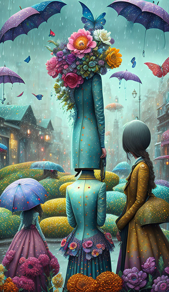 Colorful umbrellas with flowers on rainy cobblestone street