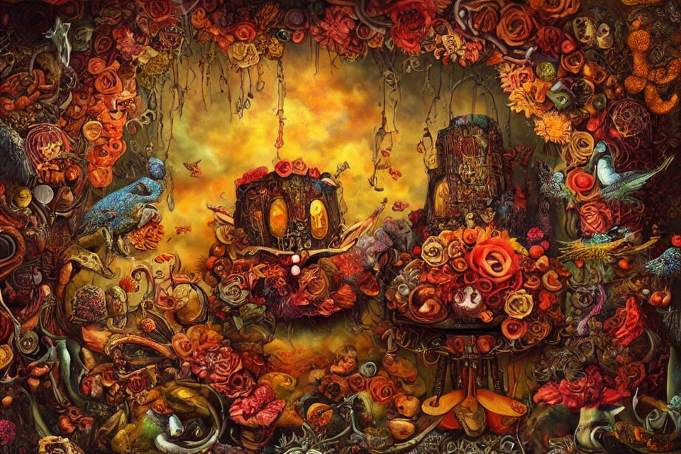 Detailed Fantasy Painting: Rich Florals, Exotic Creatures, Ornate Structures in Autumnal Palette