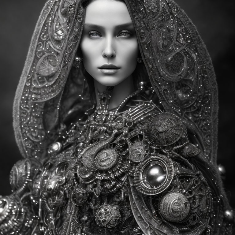 Monochrome portrait of a person with metallic headdress and armor, intricate patterns, futuristic theme