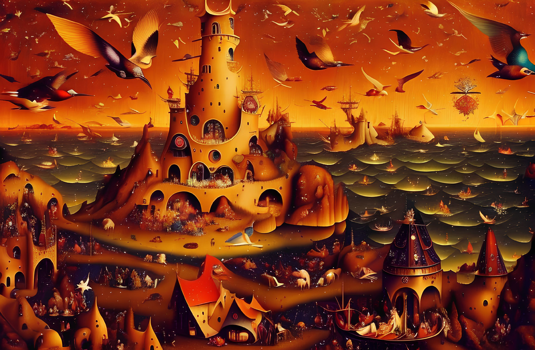 Fantasy landscape with whimsical structures and flying birds