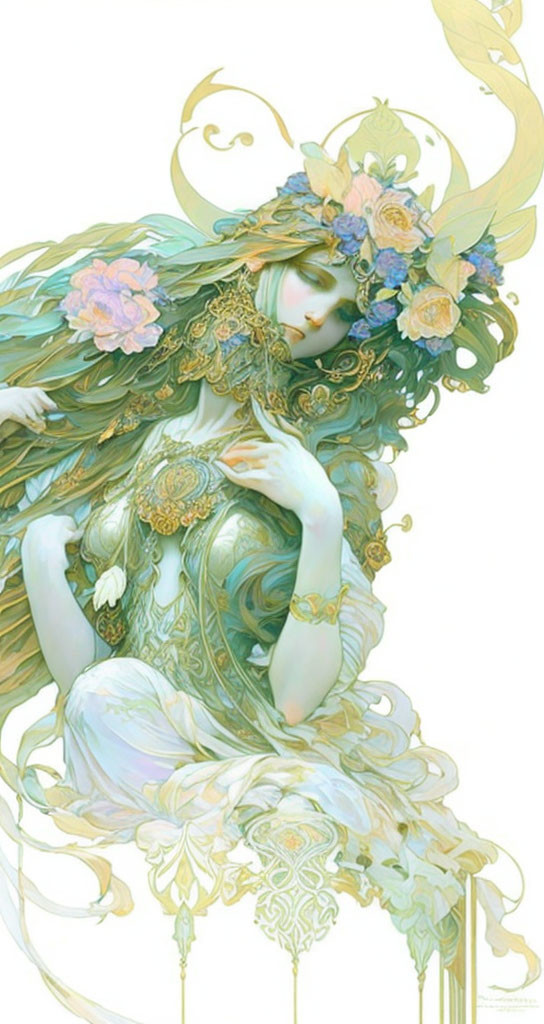 Ethereal woman with floral and gold motifs in pastel hues
