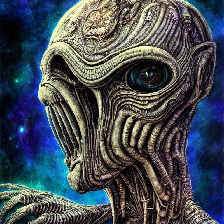 Detailed Alien Creature with Expressive Eyes in Cosmic Setting