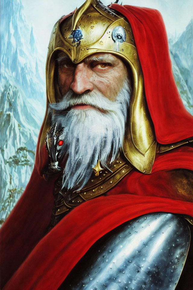 Elder warrior with white beard in golden helmet and red cloak