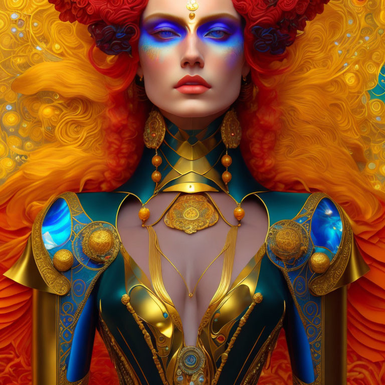 Vibrant digital artwork: woman with orange hair, blue skin, gold and blue armor