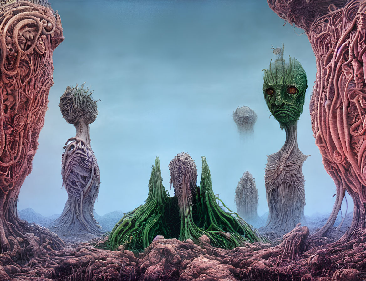 Surreal landscape with towering alien entities under hazy sky
