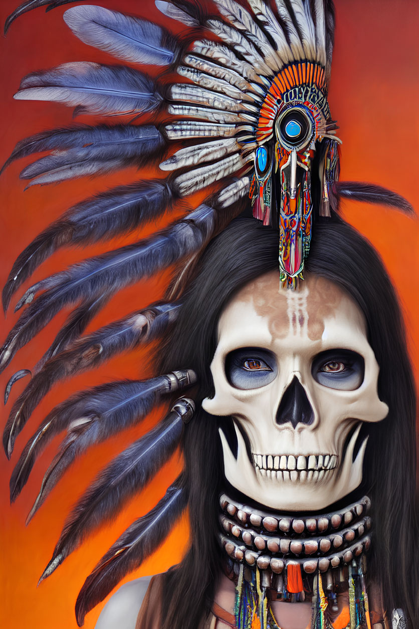 Portrait of person with skull face paint in Native American headdress