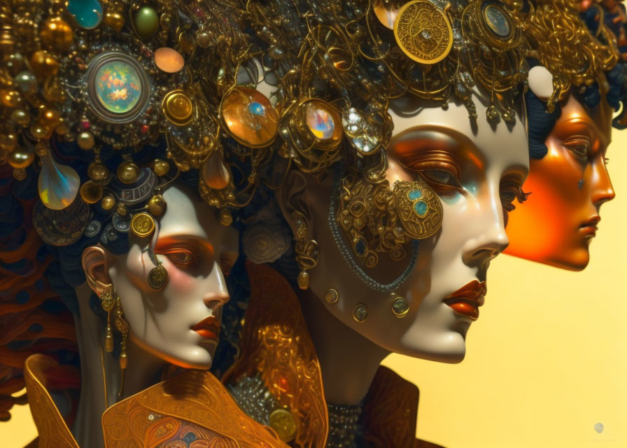 Golden robotic heads with intricate gear and jewel embellishments on warm yellow backdrop
