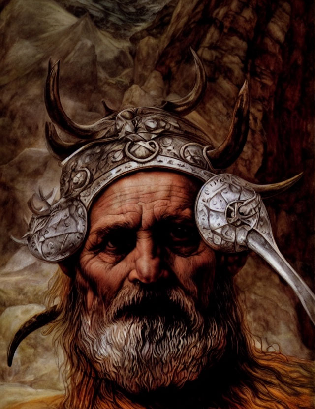 Aged Viking warrior with horned helmet and axe portrait