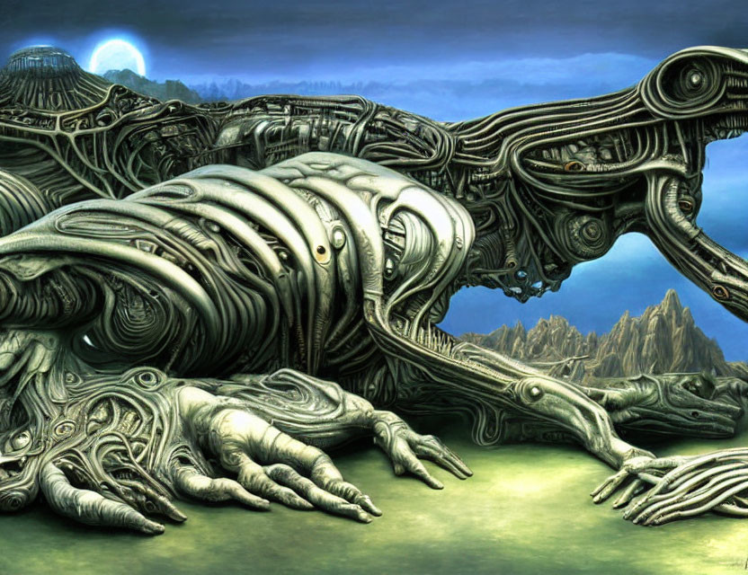 Surreal biomechanical landscape with robotic figure and organic shapes