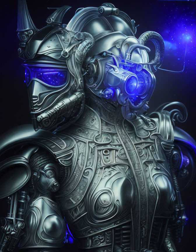 Futuristic knight in ornate armor with glowing blue visor against starry backdrop
