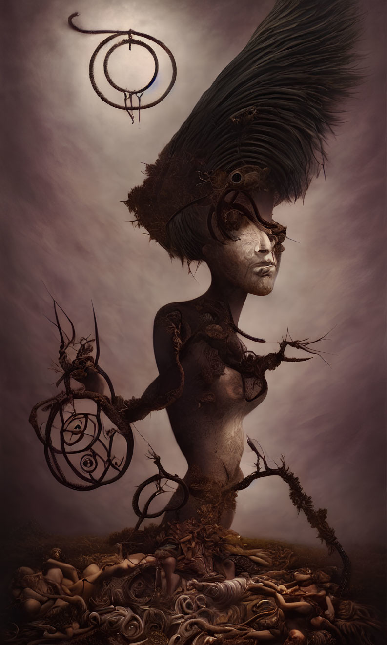 Surreal painting of figure with oversized feathered head and ornate eye mask against moody backdrop