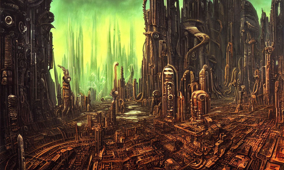 Dark towering structures in a dystopian cityscape with intricate machinery and green aurora sky