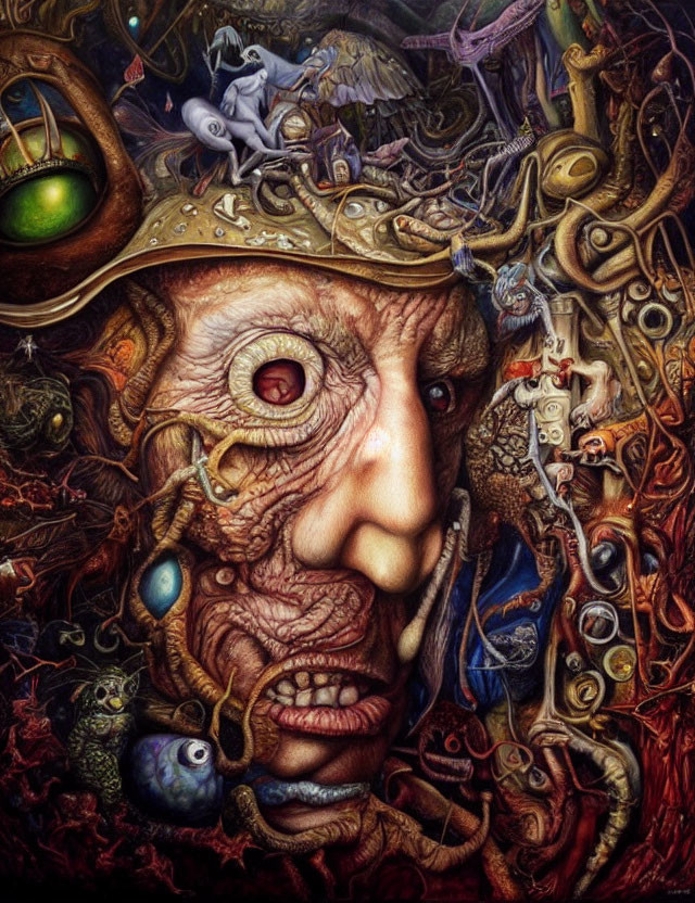 Surreal painting with fantastical face and vibrant creatures