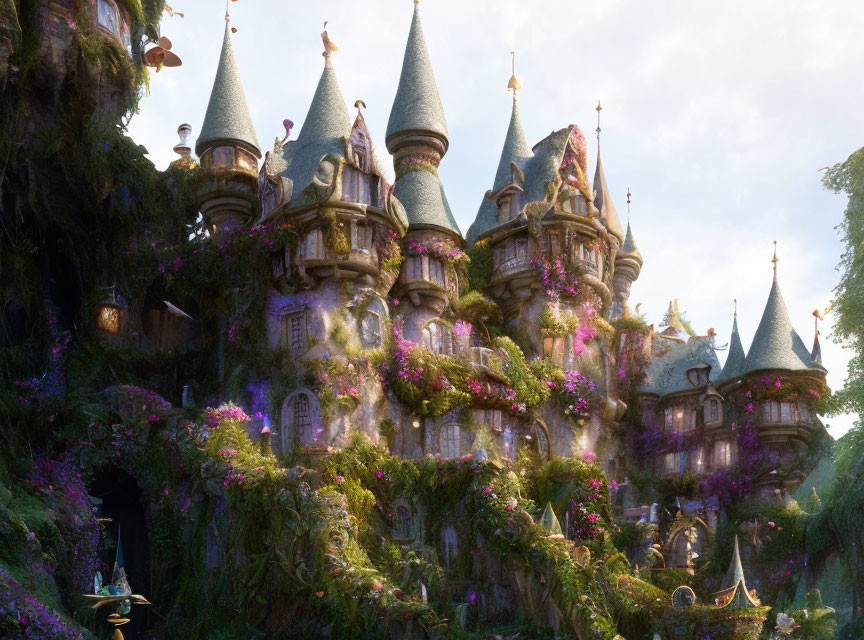 Majestic castle with spires, greenery, and purple flowers in soft sunlight