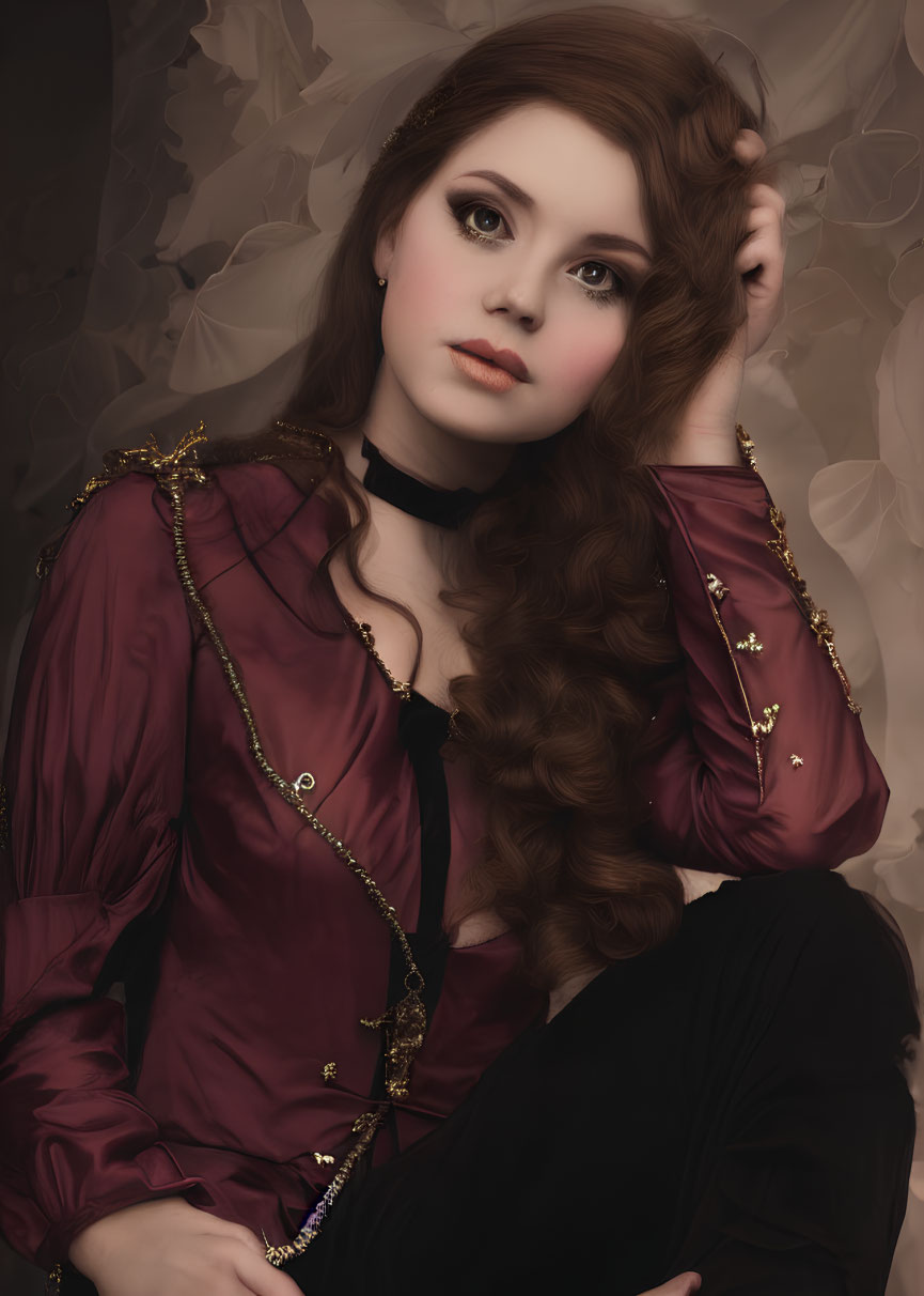 Person with voluminous curly hair in vintage burgundy blouse and black choker posing thoughtfully