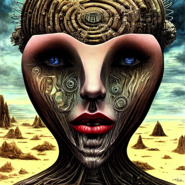 Surreal portrait of robotic woman with blue eyes in desert landscape