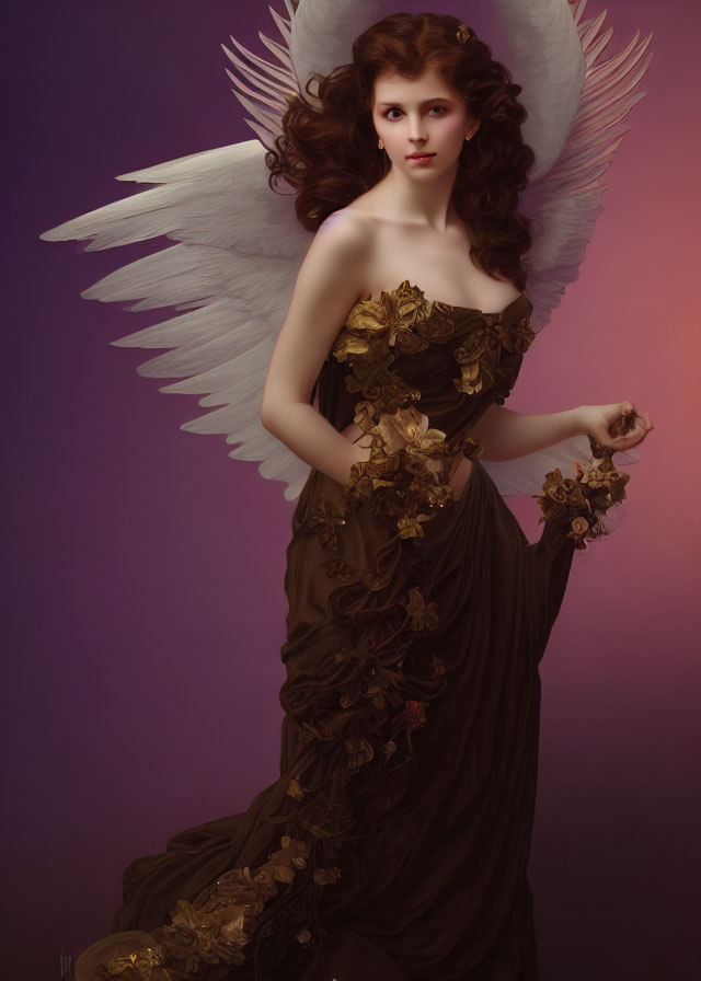 Angel winged woman in brown dress with golden flowers on purple background
