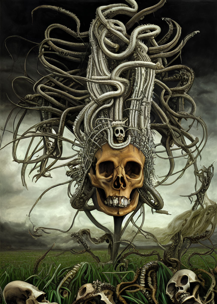 Surreal artwork: Skull with serpent crown in stormy sky
