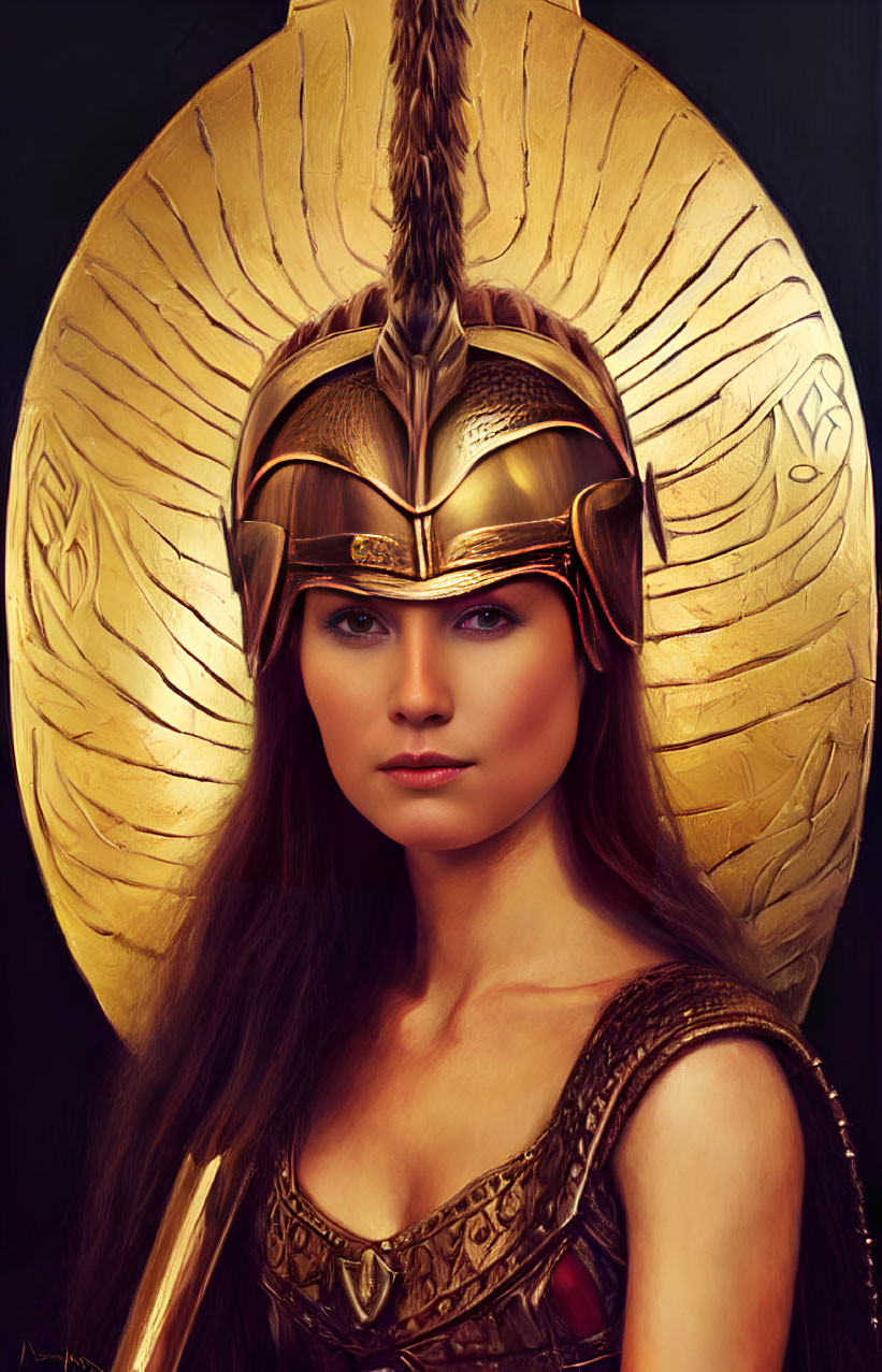 Detailed Golden Helmet and Armor on Woman with Circular Ornament